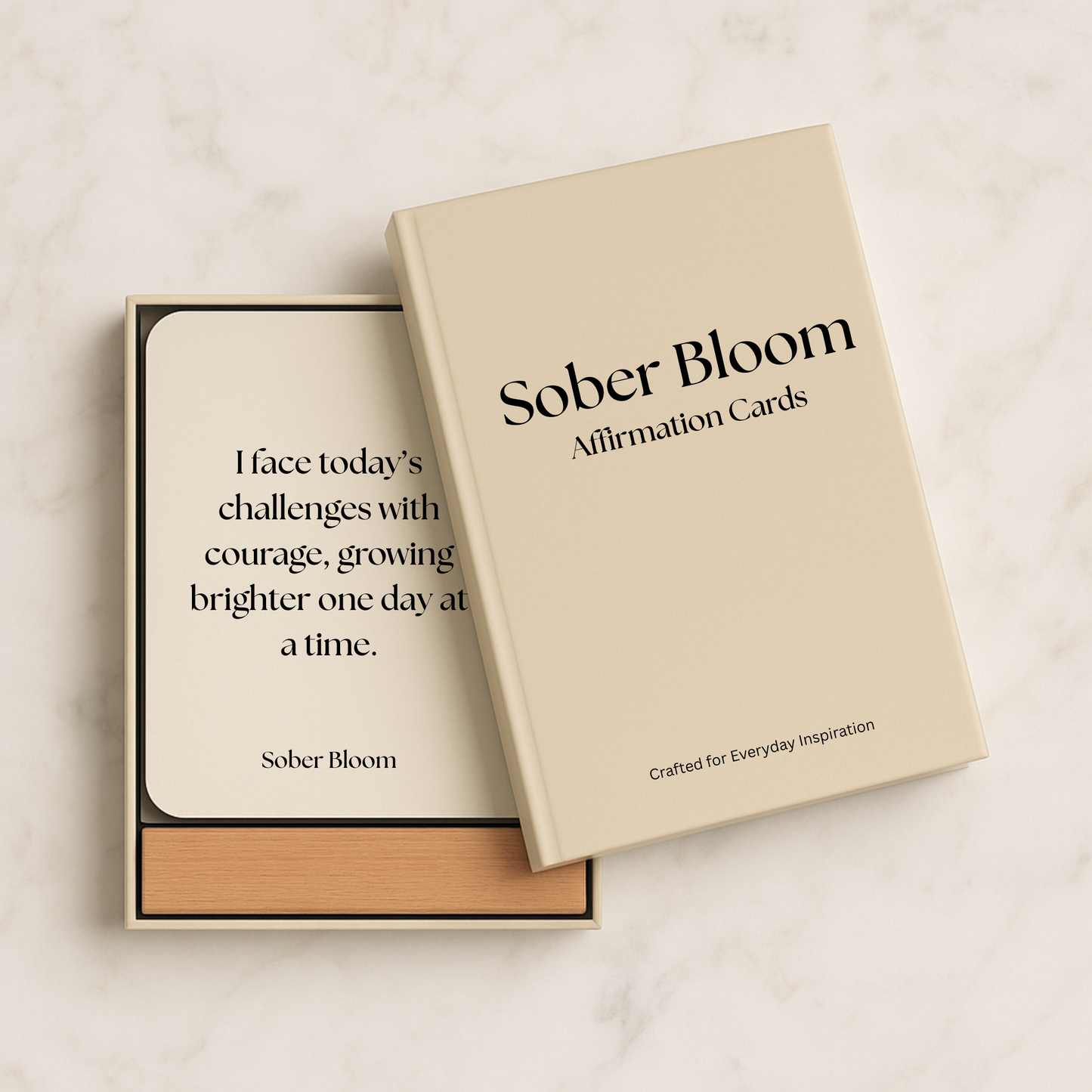 Sober bloom affirmation cards packaging. Card that reads "I face Todays Challenges with courage, growing brighter one day at a time"