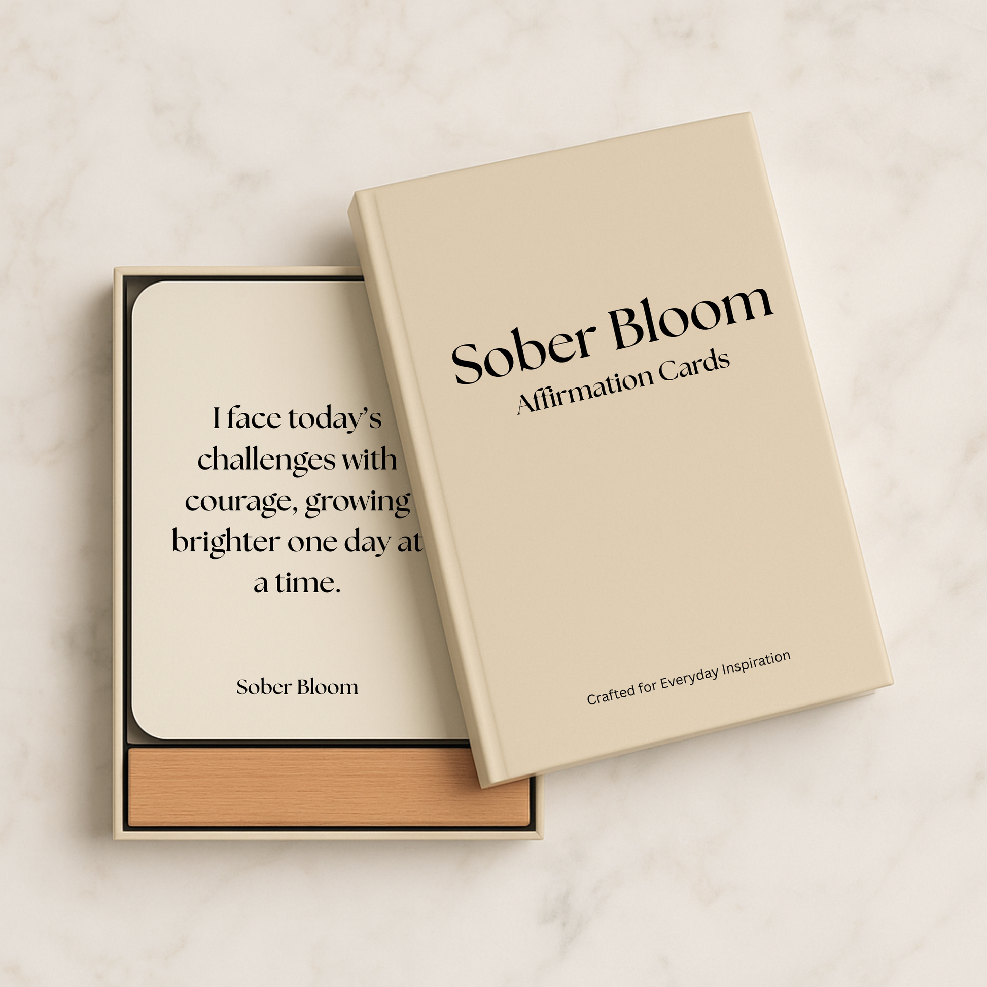 Sober bloom affirmation cards packaging. Card that reads "I face Todays Challenges with courage, growing brighter one day at a time"
