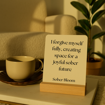 Sobriety Affirmation card that reads "I forgive myself fully, creaint space for a joyful sober future"